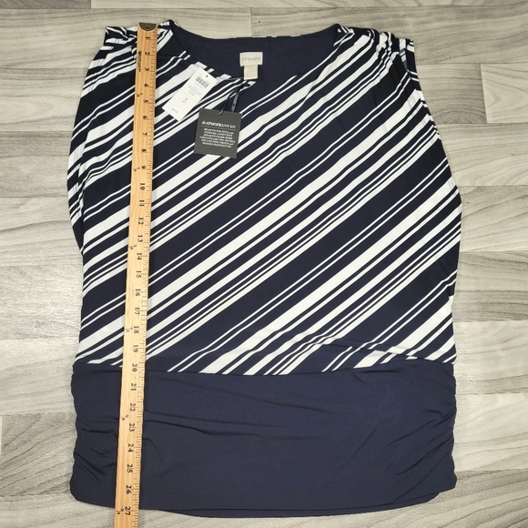 Chicos Knit Kit Stripe Variance Topper Size 3 Large Banded Hem Shirred Navy NWT - Picture 8 of 15